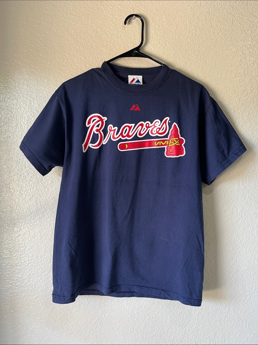 Majestic Navy Braves Short Sleeve Kids Tee with Red & White Logo Sz M Casual